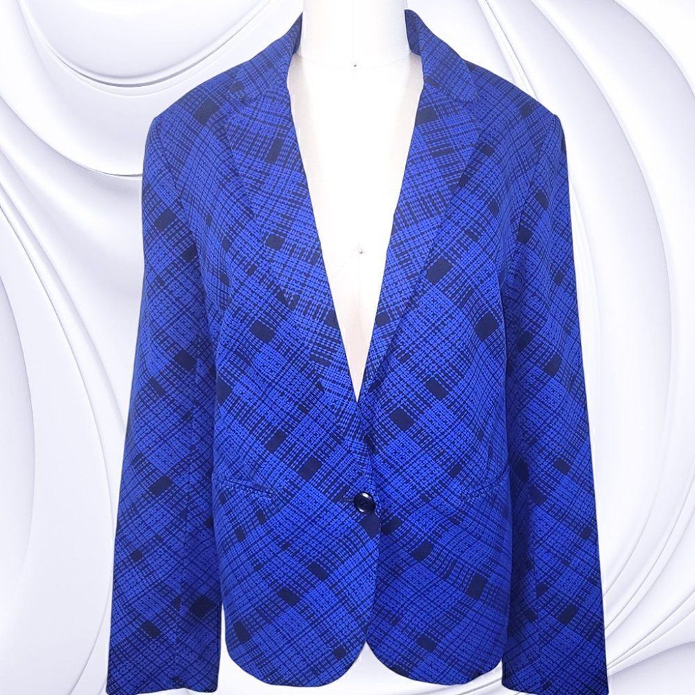 Lord & Taylor 424 Fifth royal blue plaid velvety single breasted suit jacket